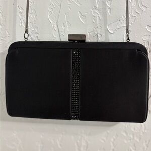 Franchi Black Satin Evening Crossbody Clutch with Rhinestone Center and Chain